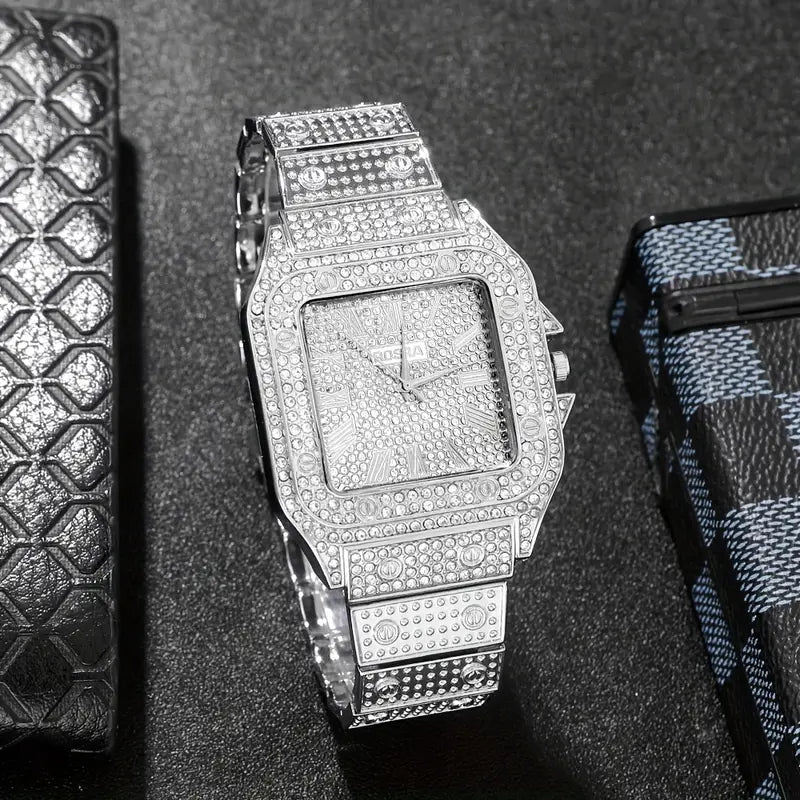 Luxury Men,s Fashion Quartz Watch Square Rhinestone, Alloy Strap, Alloy Case, Ideal Gift for Friends
