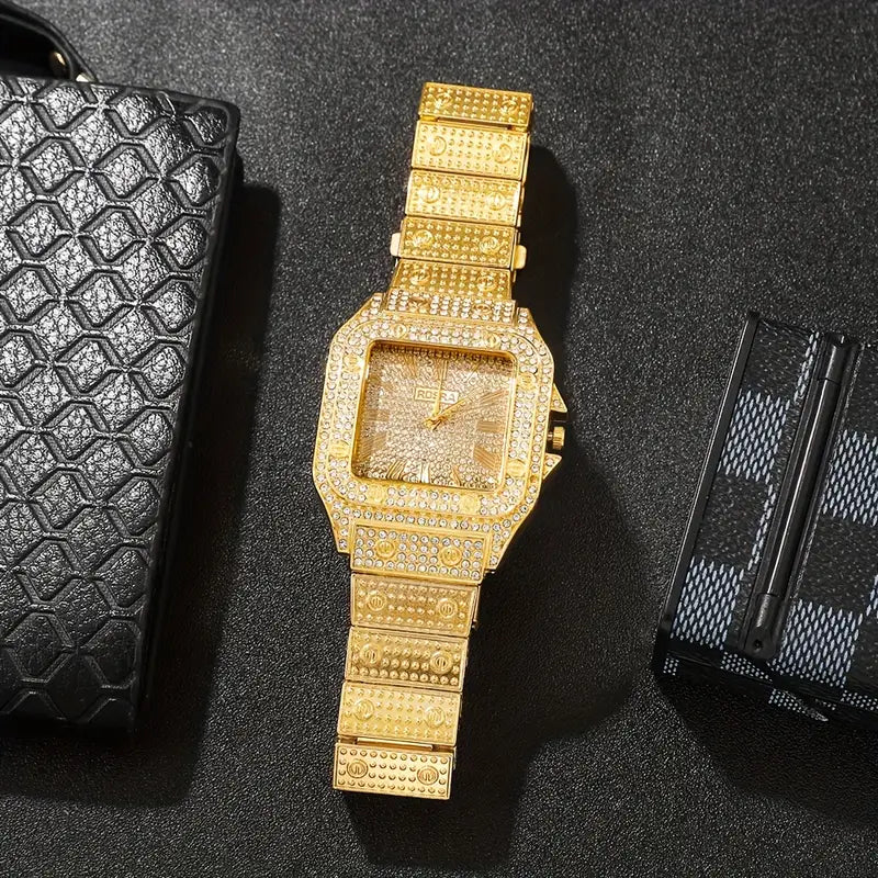 Luxury Men,s Fashion Quartz Watch Golden Square Rhinestone, Alloy Strap, Alloy Case, Ideal Gift for Friends