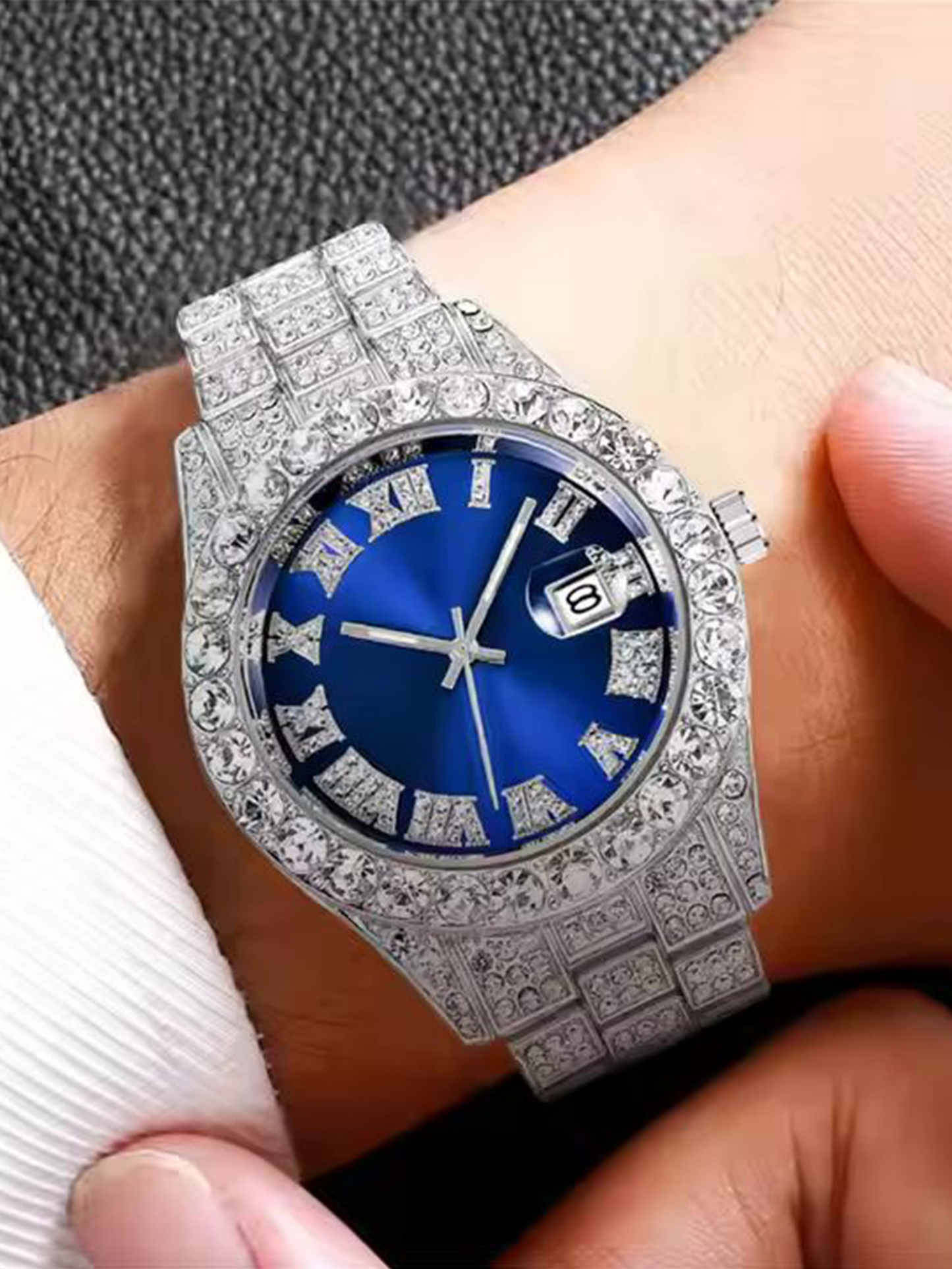 Luxury Custom Bling Hip Hop Fully Iced Out Watches Silver Blue || High Quality Luxury Watch