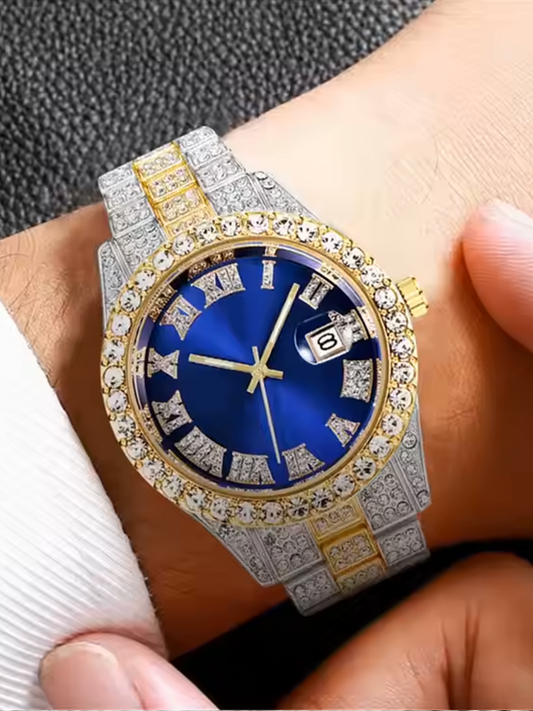 Luxury Full Diamond Men’s Watch – Royal Blue Dial