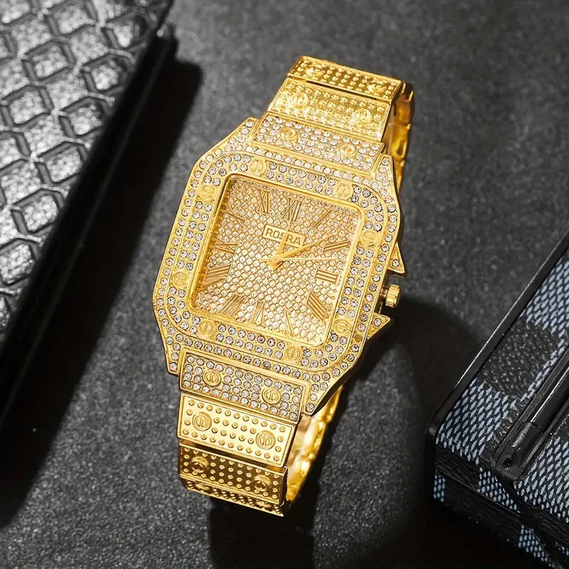 Luxury Men,s Fashion Quartz Watch Golden Square Rhinestone, Alloy Strap, Alloy Case, Ideal Gift for Friends