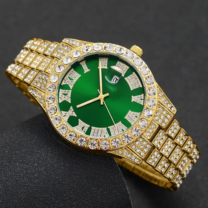 Elegant Men's Luxury Quartz Watch - Fashionable Roman Numerals with Luxurious Golden-Tone Crystal Accents,  Green Dial, Zinc Alloy Band & Case