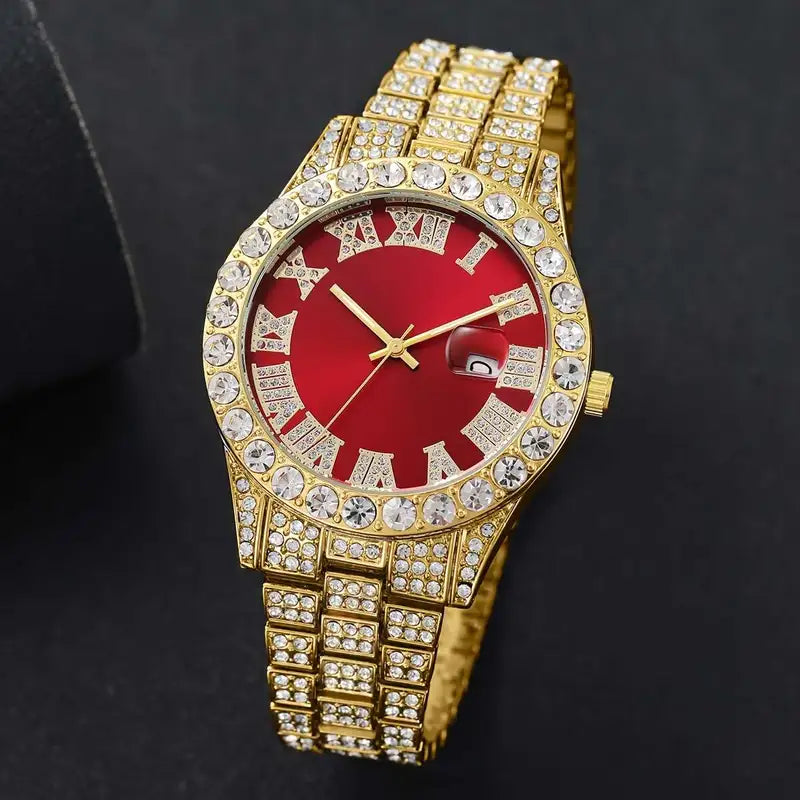 Elegant Men's Luxury Quartz Watch - Fashionable Roman Numerals with Luxurious Golden-Tone Crystal Accents,  Red Dial, Zinc Alloy Band & Case