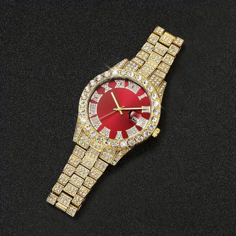 Elegant Men's Luxury Quartz Watch - Fashionable Roman Numerals with Luxurious Golden-Tone Crystal Accents,  Red Dial, Zinc Alloy Band & Case