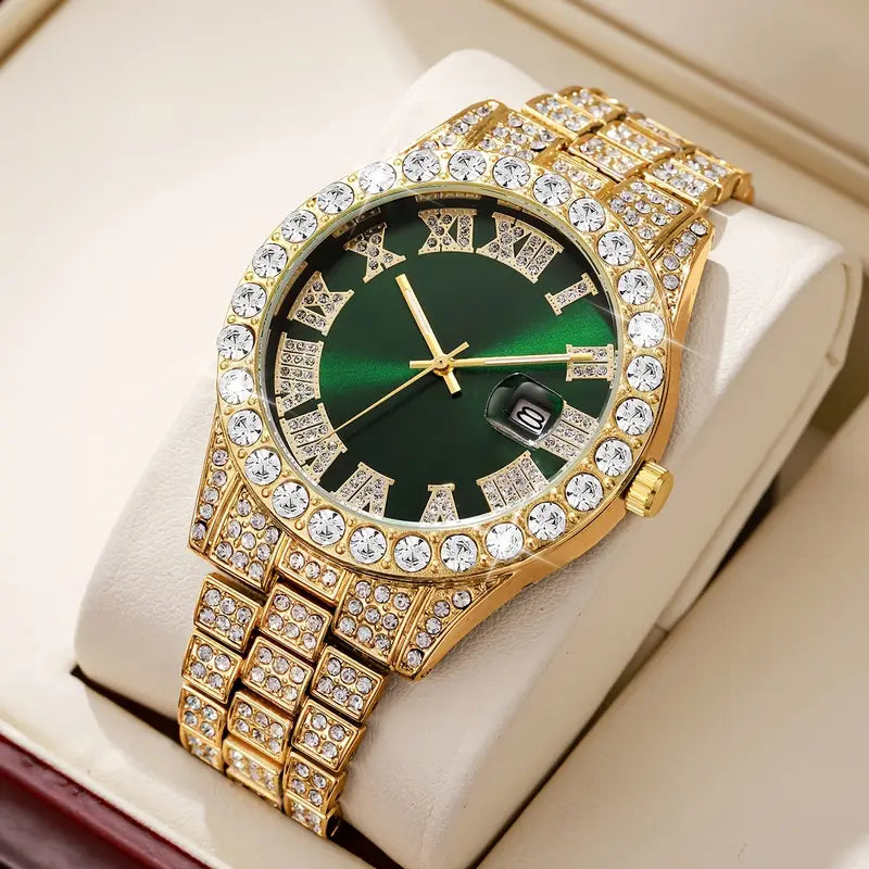 Elegant Men's Luxury Quartz Watch - Fashionable Roman Numerals with Luxurious Golden-Tone Crystal Accents,  Green Dial, Zinc Alloy Band & Case