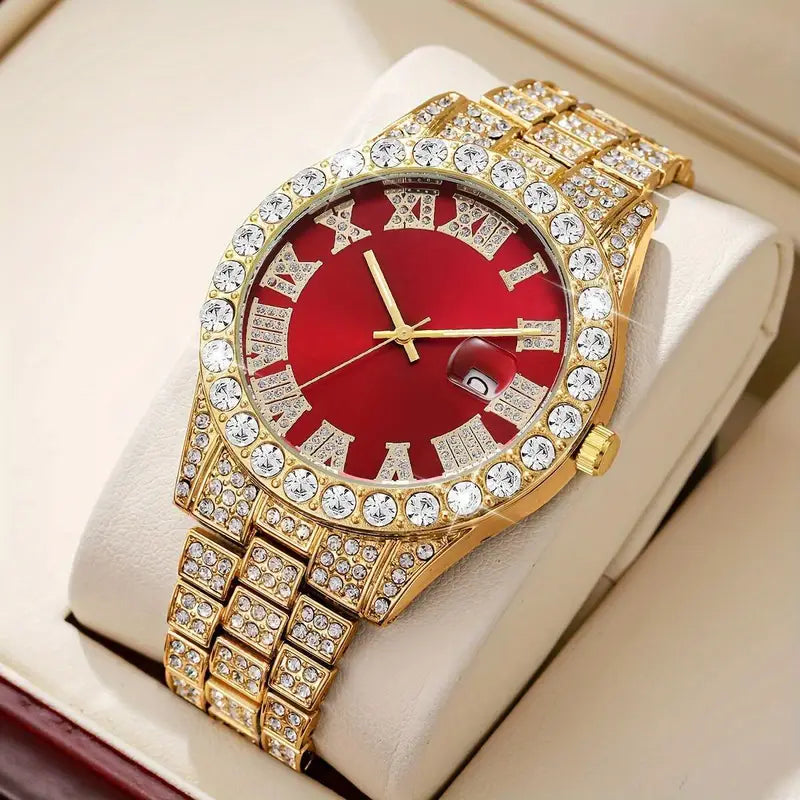 Elegant Men's Luxury Quartz Watch - Fashionable Roman Numerals with Luxurious Golden-Tone Crystal Accents,  Red Dial, Zinc Alloy Band & Case