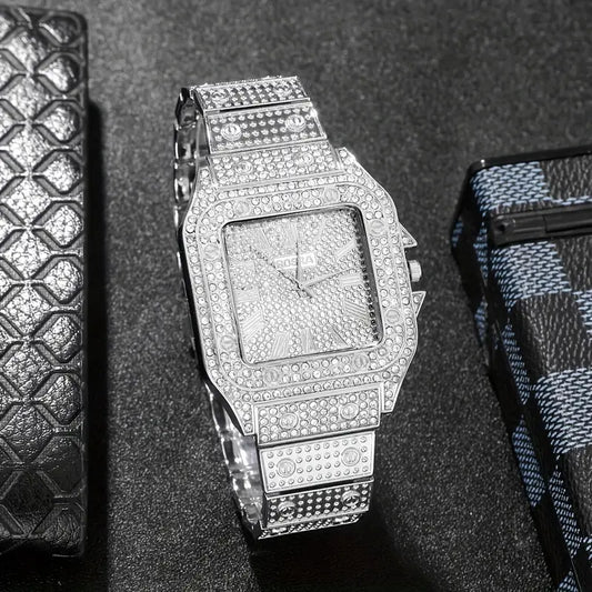Luxury Men,s Fashion Quartz Watch Square Rhinestone, Alloy Strap, Alloy Case, Ideal Gift for Friends