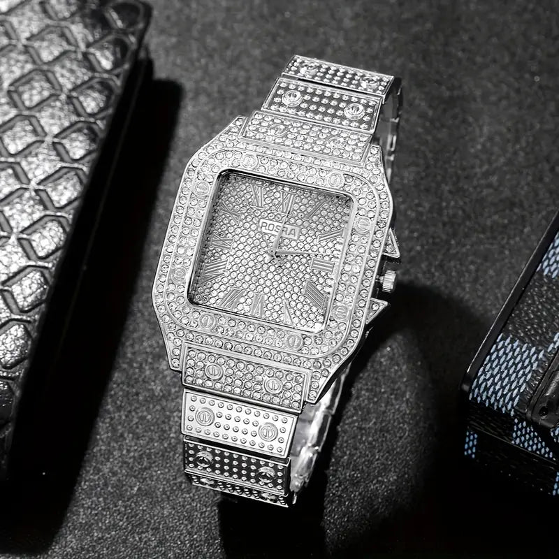 Luxury Men,s Fashion Quartz Watch Square Rhinestone, Alloy Strap, Alloy Case, Ideal Gift for Friends