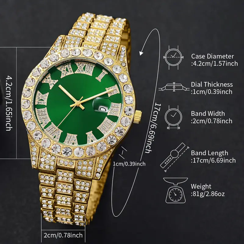 Elegant Men's Luxury Quartz Watch - Fashionable Roman Numerals with Luxurious Golden-Tone Crystal Accents,  Green Dial, Zinc Alloy Band & Case