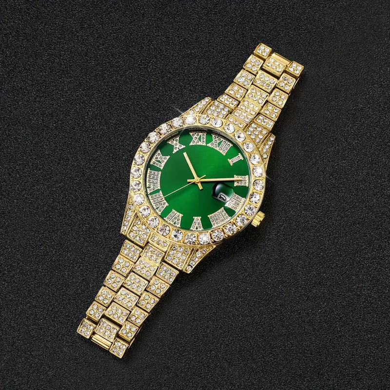 Elegant Men's Luxury Quartz Watch - Fashionable Roman Numerals with Luxurious Golden-Tone Crystal Accents,  Green Dial, Zinc Alloy Band & Case