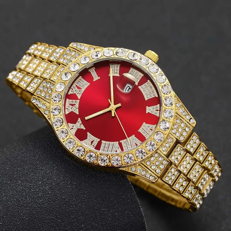 Elegant Men's Luxury Quartz Watch - Fashionable Roman Numerals with Luxurious Golden-Tone Crystal Accents,  Red Dial, Zinc Alloy Band & Case