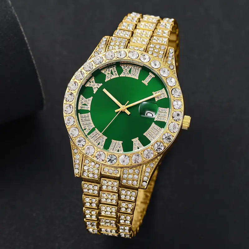 Elegant Men's Luxury Quartz Watch - Fashionable Roman Numerals with Luxurious Golden-Tone Crystal Accents,  Green Dial, Zinc Alloy Band & Case