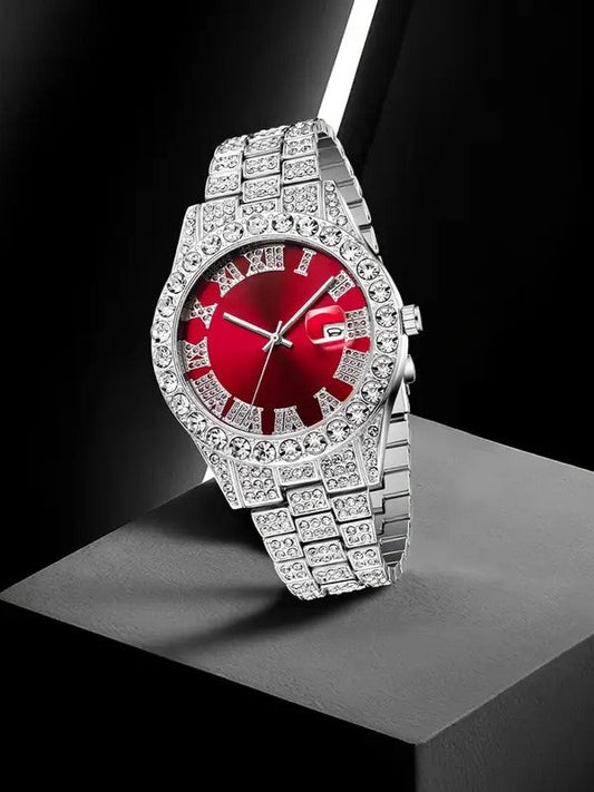 Luxury Custom Bling Hip Hop Fully Iced Out Watches Silver Red || High Quality Luxury Watch For Men
