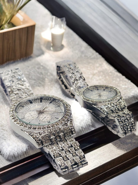 The Full Diamond Silver and Gold Couple’s Watch – A Dazzling Valentine’s Day Gift Fit for the Queen and King