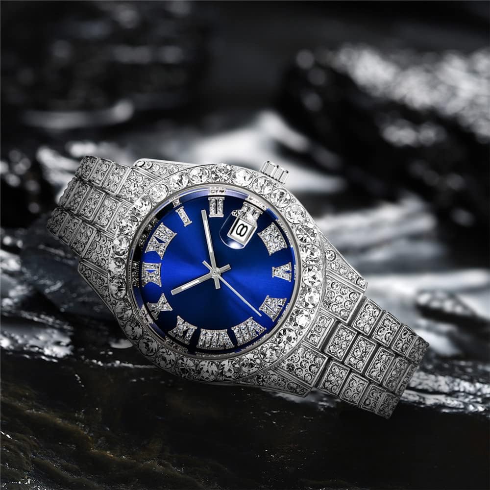 Luxury Custom Bling Hip Hop Fully Iced Out Watches Silver Blue || High Quality Luxury Watch