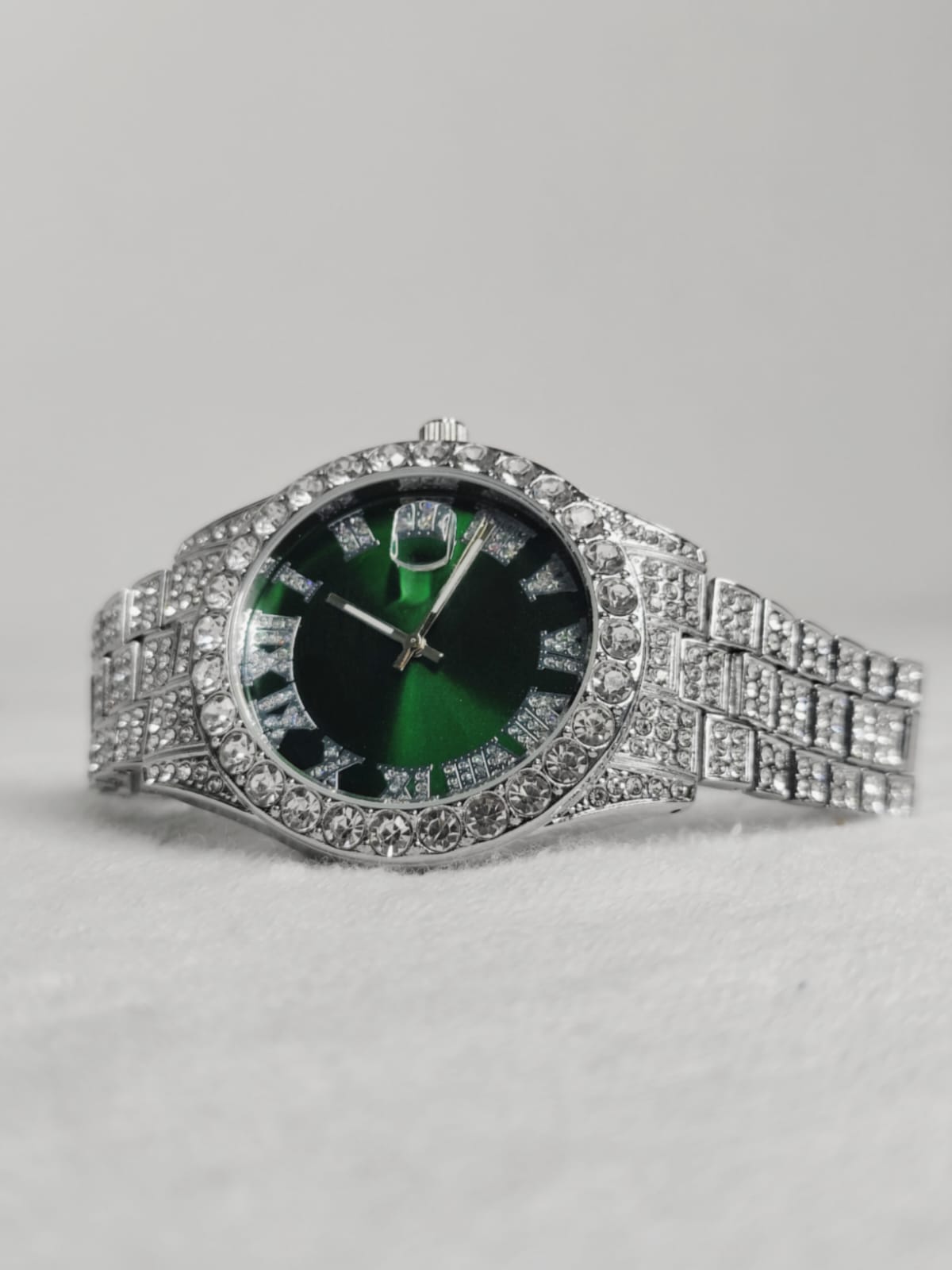 Luxury Custom Bling Hip Hop Fully Iced Out Watches Silver Green || High Quality Luxury Watch