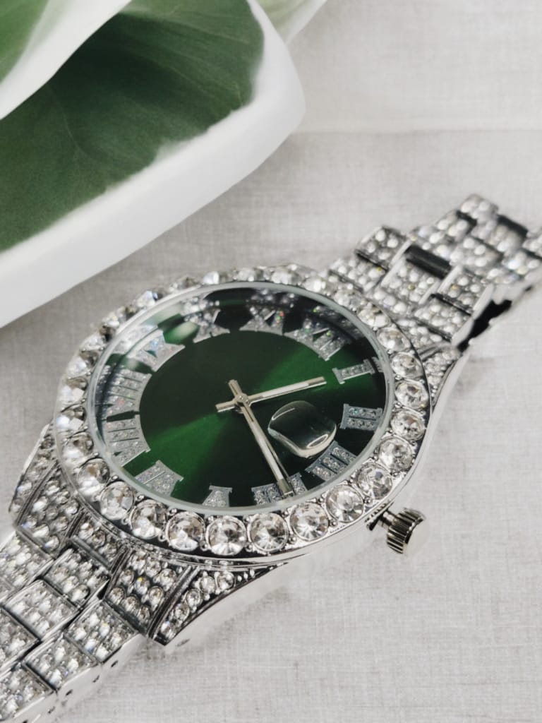 Luxury Custom Bling Hip Hop Fully Iced Out Watches Silver Green || High Quality Luxury Watch