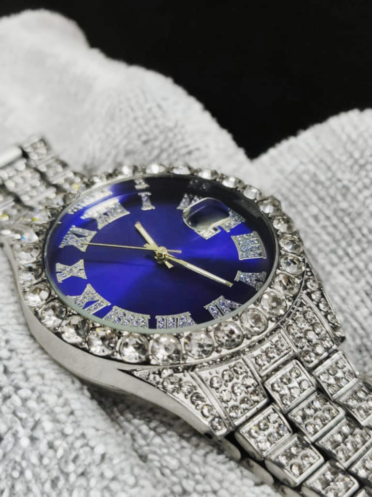 Luxury Custom Bling Hip Hop Fully Iced Out Watches Silver Blue || High Quality Luxury Watch