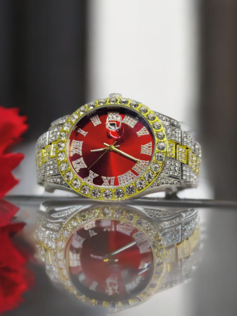Luxury Full Diamond Men’s Watch – Crimson Red Dial