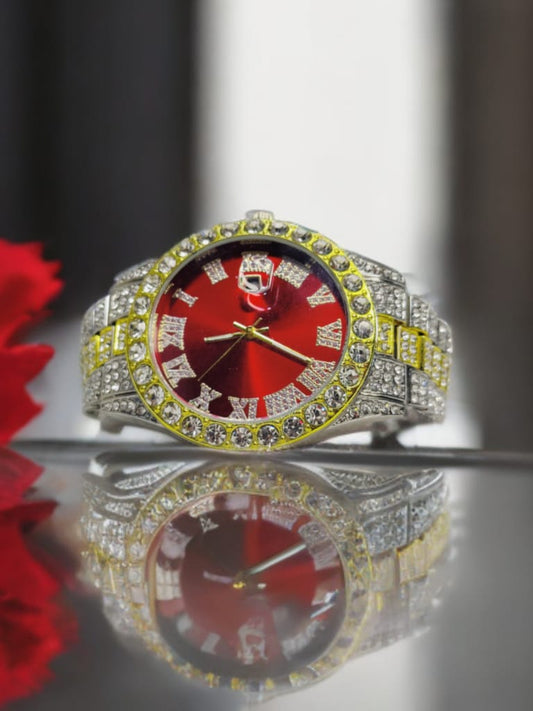 Luxury Full Diamond Men’s Watch – Crimson Red Dial