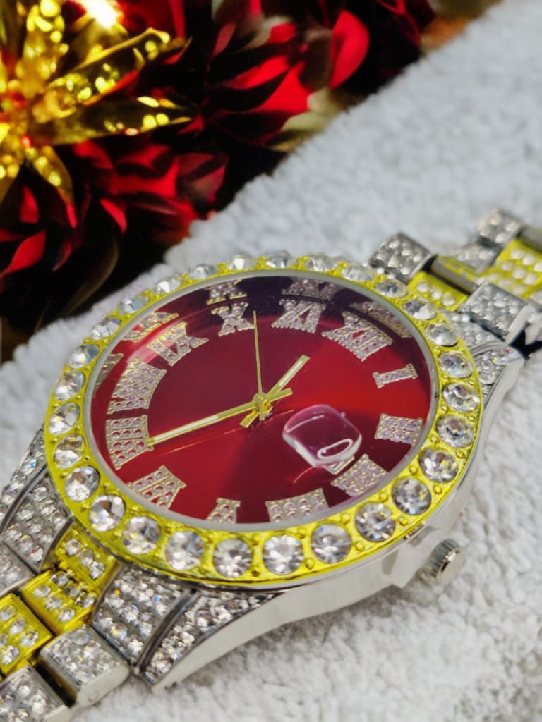 Luxury Full Diamond Men’s Watch – Crimson Red Dial