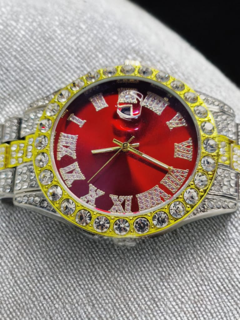Luxury Full Diamond Men’s Watch – Crimson Red Dial