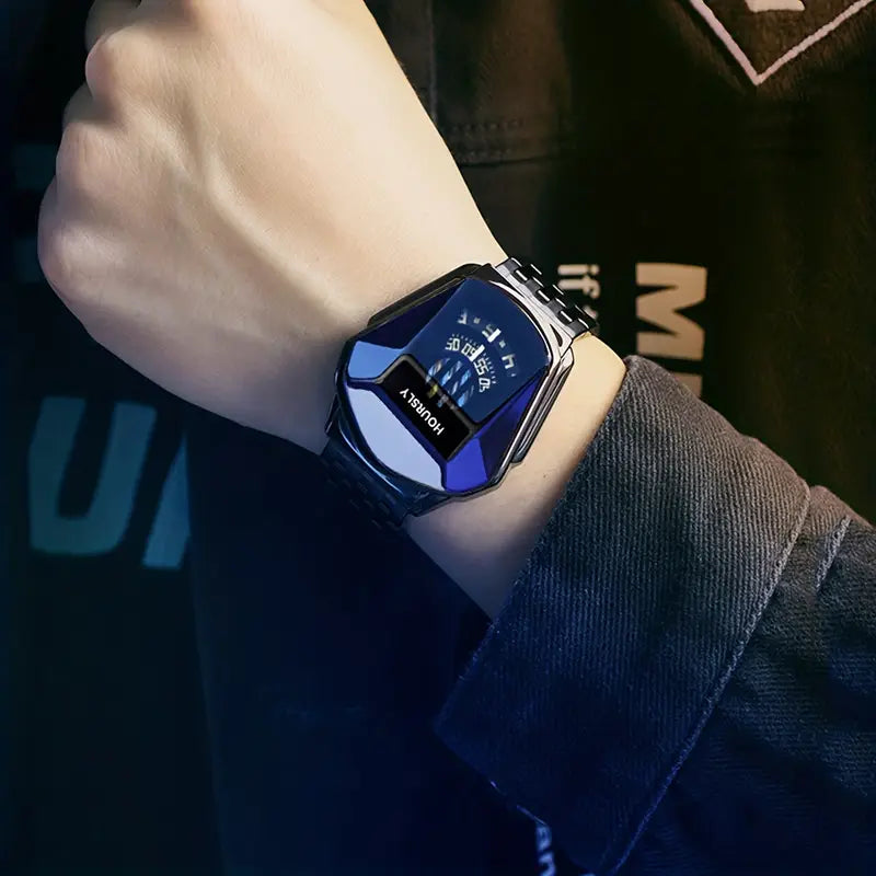 Minimalist, Quartz Watch with Snake Head Design - Stainless Steel Mesh Band, Digital Display, Party-Ready for Men