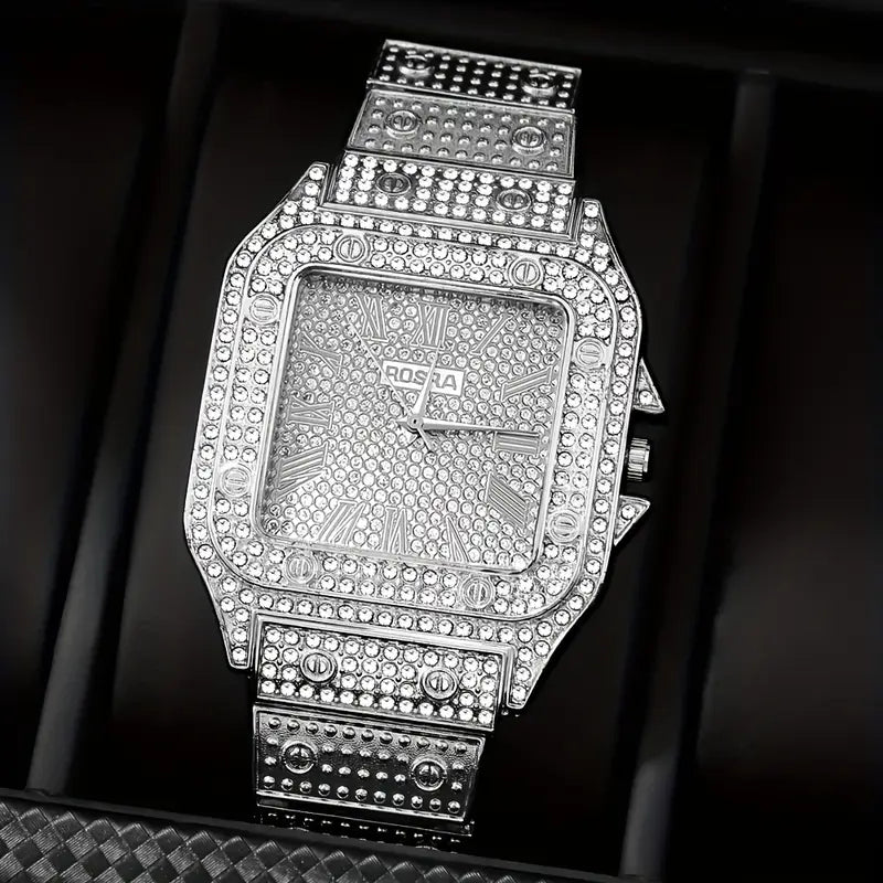 Luxury Men,s Fashion Quartz Watch Square Rhinestone, Alloy Strap, Alloy Case, Ideal Gift for Friends