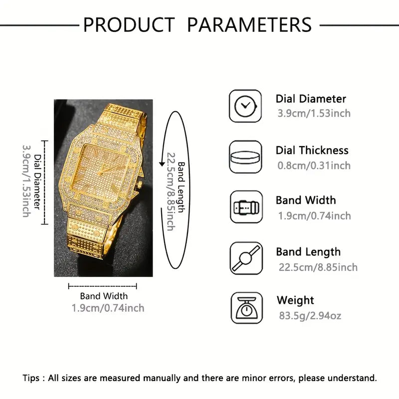 Luxury Men,s Fashion Quartz Watch Golden Square Rhinestone, Alloy Strap, Alloy Case, Ideal Gift for Friends