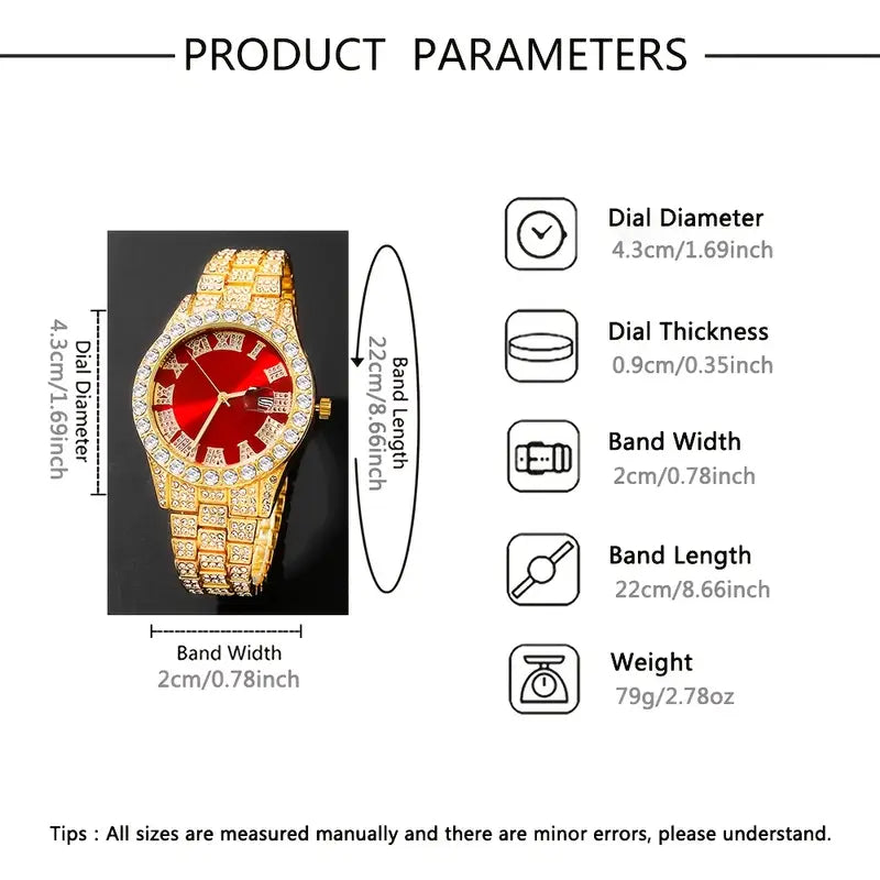 Elegant Men's Luxury Quartz Watch - Fashionable Roman Numerals with Luxurious Golden-Tone Crystal Accents,  Red Dial, Zinc Alloy Band & Case