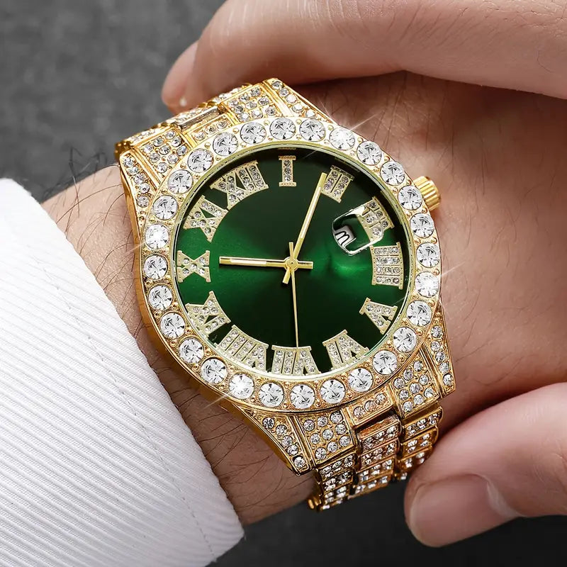 Elegant Men's Luxury Quartz Watch - Fashionable Roman Numerals with Luxurious Golden-Tone Crystal Accents,  Green Dial, Zinc Alloy Band & Case