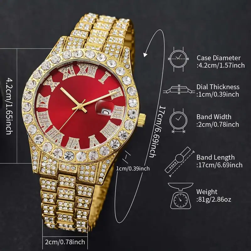 Elegant Men's Luxury Quartz Watch - Fashionable Roman Numerals with Luxurious Golden-Tone Crystal Accents,  Red Dial, Zinc Alloy Band & Case