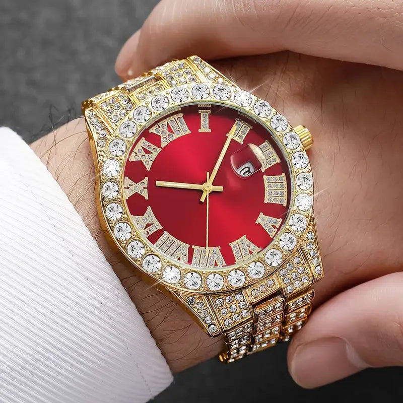 Elegant Men's Luxury Quartz Watch - Fashionable Roman Numerals with Luxurious Golden-Tone Crystal Accents,  Red Dial, Zinc Alloy Band & Case