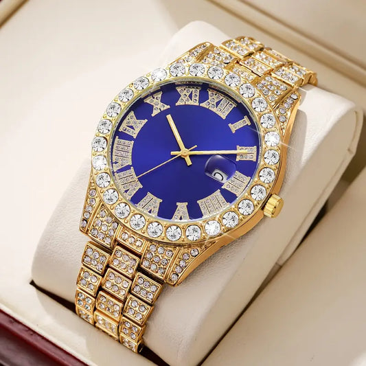 Elegant Men's Luxury Quartz Watch - Fashionable Roman Numerals with Luxurious Golden-Tone Crystal Accents,  Blue Dial, Zinc Alloy Band & Case